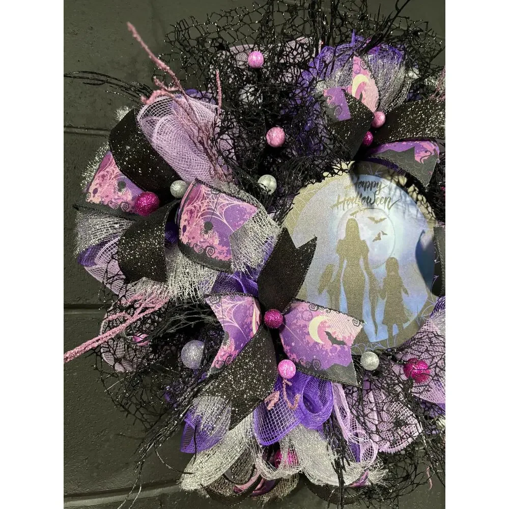 Witchy Halloween Wreath – Purple & Black Deco Mesh Door Decor – Handmade 24 inch - Picture 3 of 6